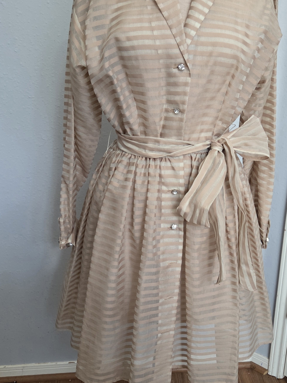 Cynthia Rowley Blush Sheer Stripe Tie-Waist Long Sleeve Dress
